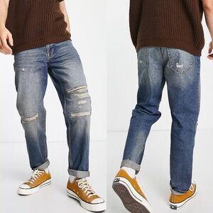 NEW Topman Relaxed Fit Rip and Repair Jeans Dark Mid Wash Blue Size 32 x 30 Jean